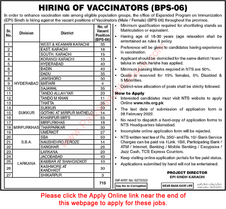Vaccinator Jobs in Health Department Sindh 2022 February NTS Apply Online EPI Program Latest