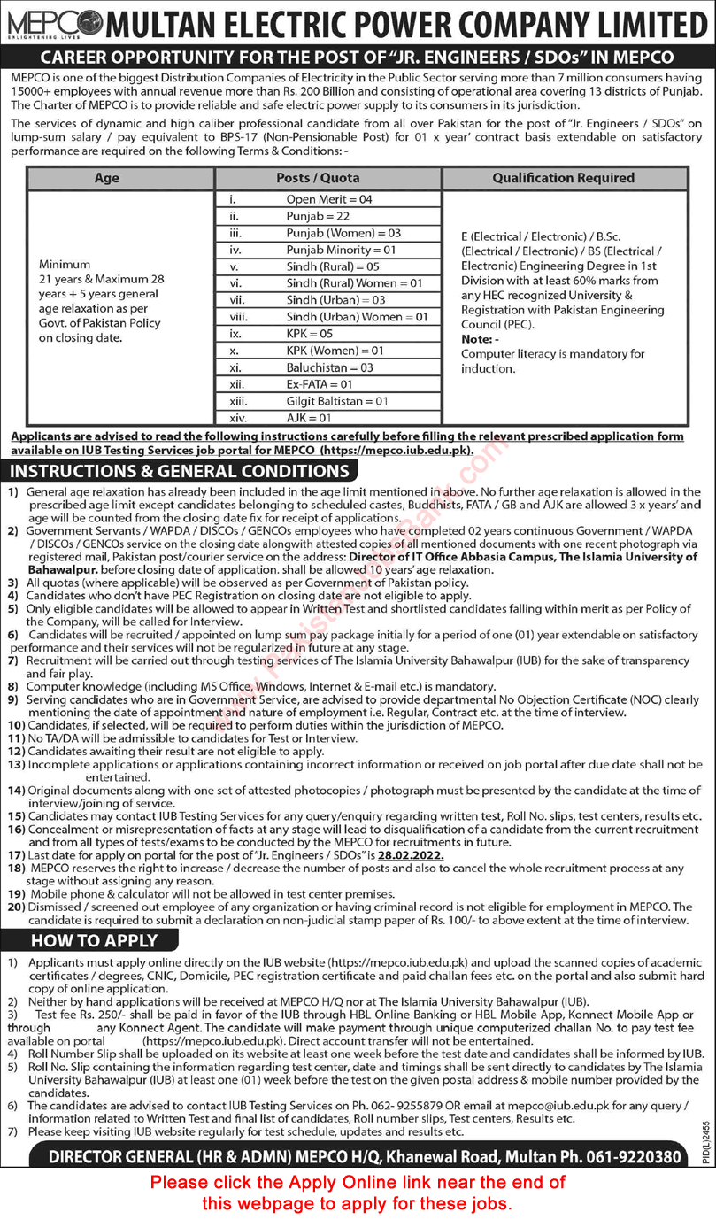Electrical / Electronic Engineer Jobs in MEPCO 2022 February Apply Online WAPDA Junior Engineers / SDO Latest