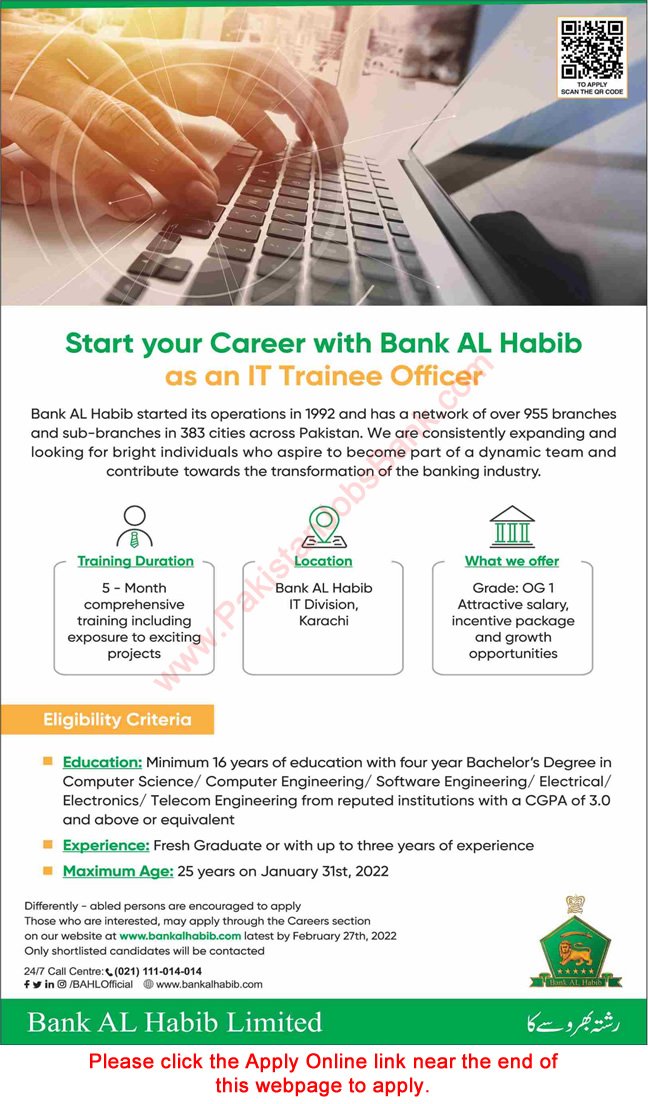 IT Trainee Officer Jobs in Bank Al Habib 2022 February Apply Online Latest