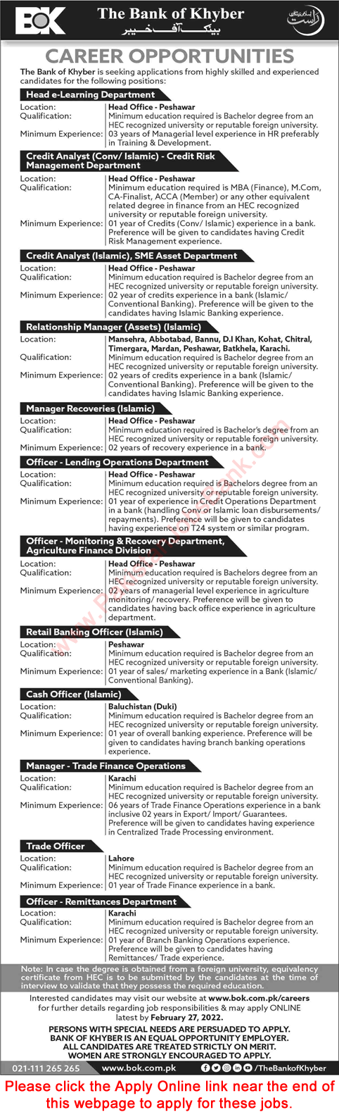 Bank of Khyber Jobs February 2022 Apply Online Relationship Managers, Cash Officers & Others Latest
