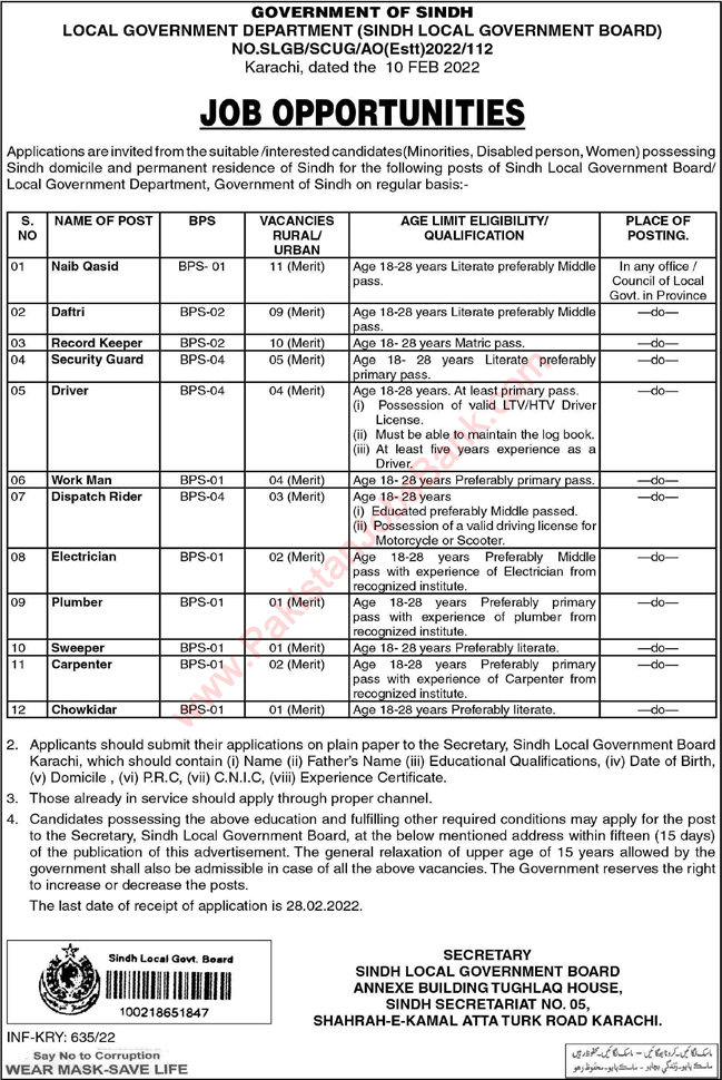 Local Government Department Sindh Jobs 2022 February Naib Qasid, Record Keepers, Security Guards & Others Latest
