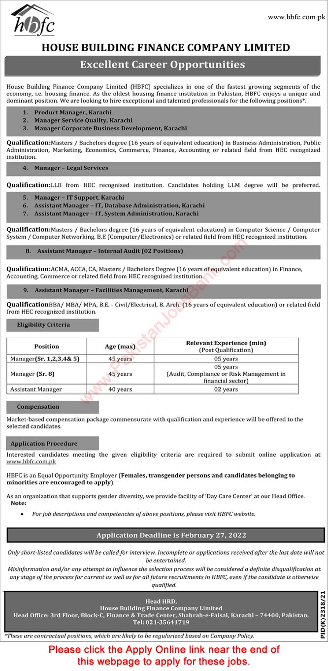 House Building Finance Company Jobs 2022 February HBFC Karachi Apply Online Assistant Managers & Others Latest
