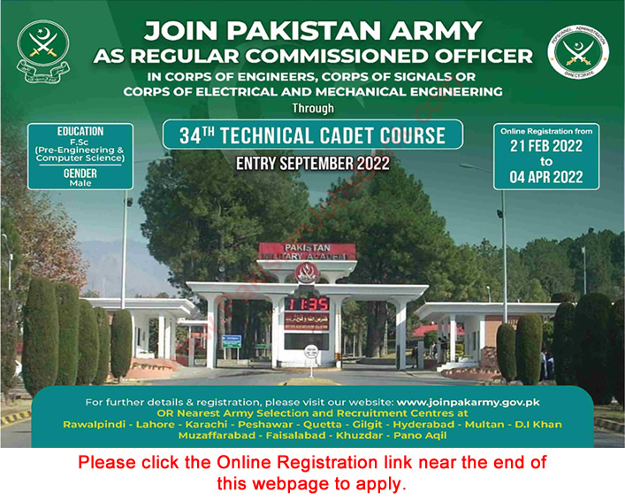 Join Pakistan Army through 34th Technical Cadet Course 2022 February Online Registration as Regular Commissioned Officer Latest