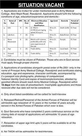 Army Medical College Rawalpindi Jobs 2022 March Clerk, Lab Assistant & Others Latest