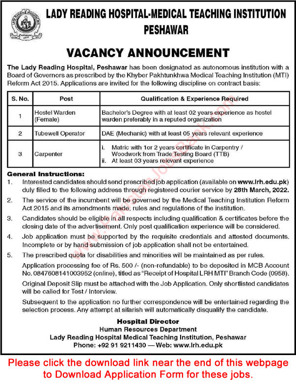 Lady Reading Hospital Peshawar Jobs 2022 March Application Form Medical Teaching Institution Latest