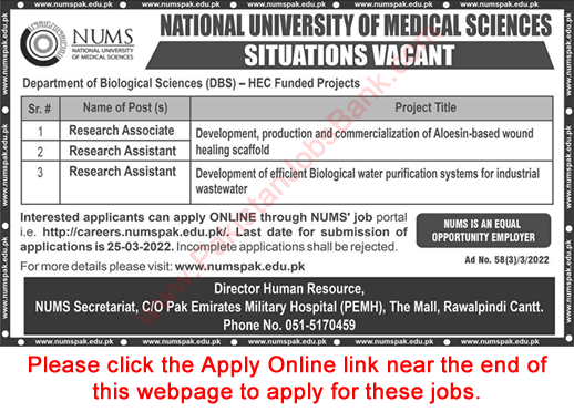 Research Associate / Assistant Jobs in NUMS University Rawalpindi 2022 March Apply Online Latest