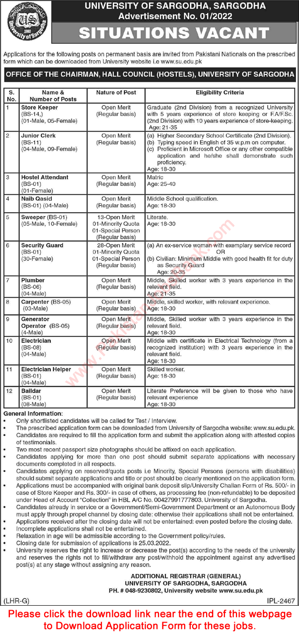 University of Sargodha Jobs 2022 March Application Form Security Guards, Sweepers, Clerks & Others Latest