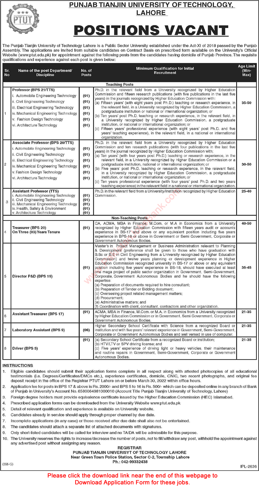 Punjab Tianjin University of Technology Lahore Jobs 2022 March PTUT Application Form Teaching Faculty & Others Latest