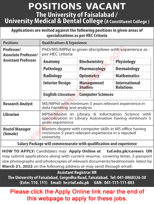University Medical and Dental College Faisalabad Jobs 2022 March Apply Online Teaching Faculty & Others Latest