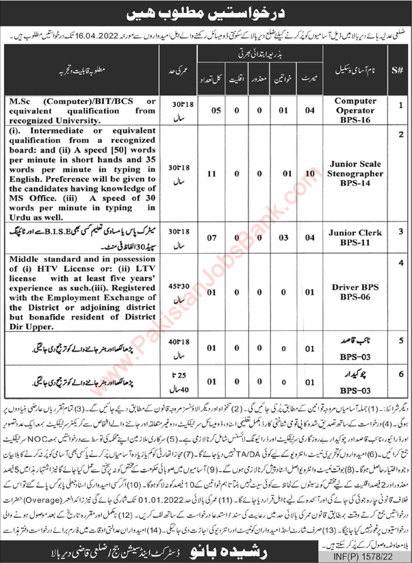 District and Session Court Upper Dir Jobs March 2022 Stenographers, Computer Operators & Others Latest