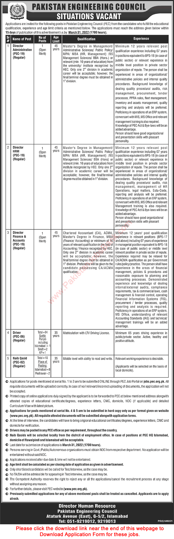 Pakistan Engineering Council Jobs March 2022 PEC Application Form Naib Qasid, Drivers & Others Latest