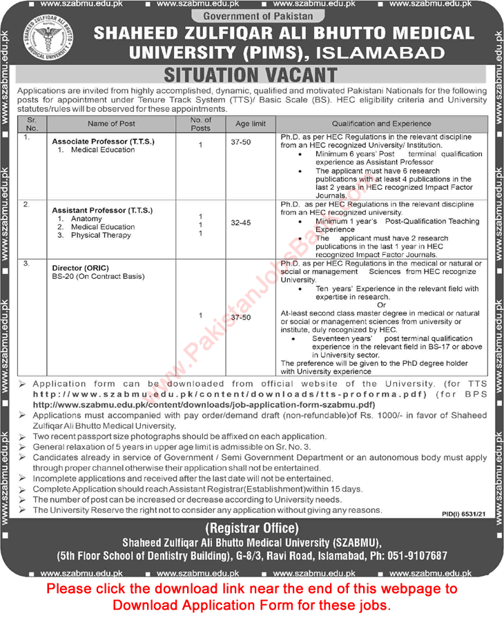 Shaheed Zulfiqar Ali Bhutto Medical University Islamabad Jobs 2022 March SZABMU Application Form PIMS Hospital Latest