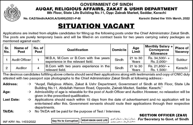 Auqaf Religious Affairs Zakat and Ushr Department Sindh Jobs March 2022 Auditor & Audit Officer Latest