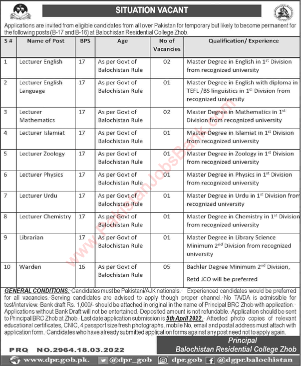 Balochistan Residential College Zhob Jobs 2022 March Lecturers & Others Latest