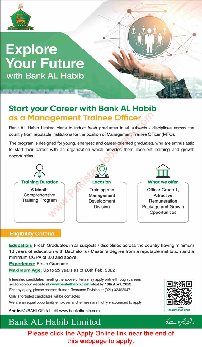 Bank Al Habib Jobs 2022 March Apply Online Management Trainee Officers MTO Latest