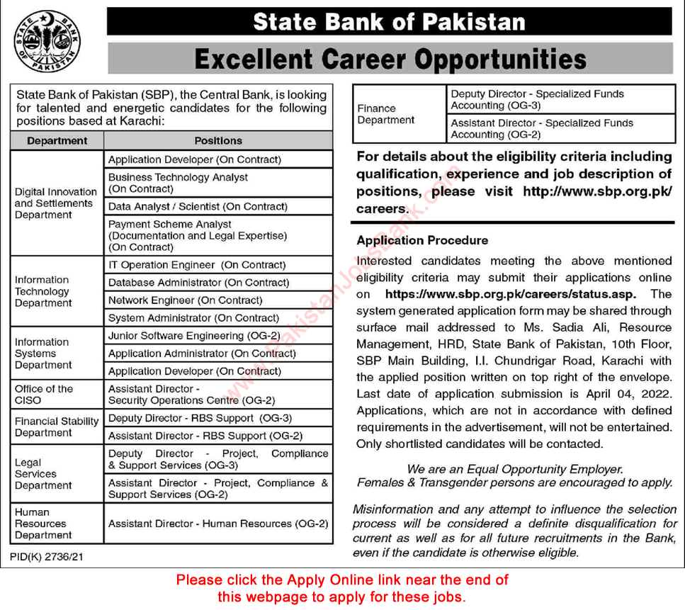 State Bank of Pakistan Jobs March 2022 SBP Apply Online Assistant Directors & Others Latest
