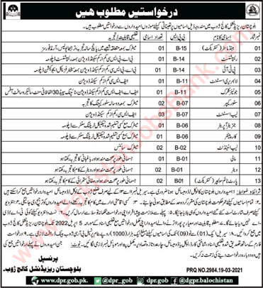 Balochistan Residential College Zhob Jobs 2022 March Lab Assistants & Others Latest