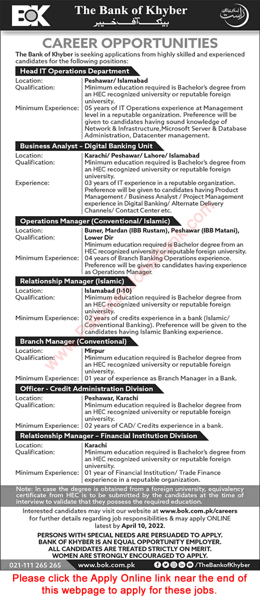 Bank of Khyber Jobs March 2022 Apply Online Operations Managers, Business Analysts & Others Latest