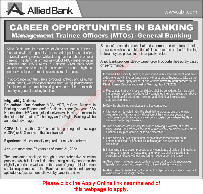 Allied Bank Jobs 2022 March ABL Apply Online Management Trainee Officers MTO Latest