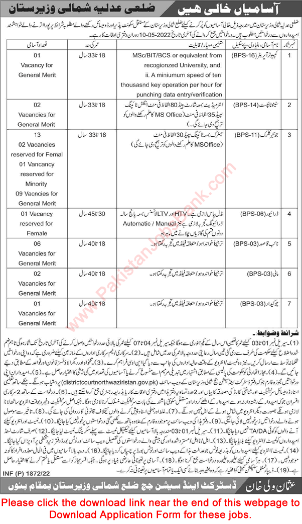 District and Session Court Bannu Jobs April 2022 Application Form Clerks, Naib Qasid & Others Latest