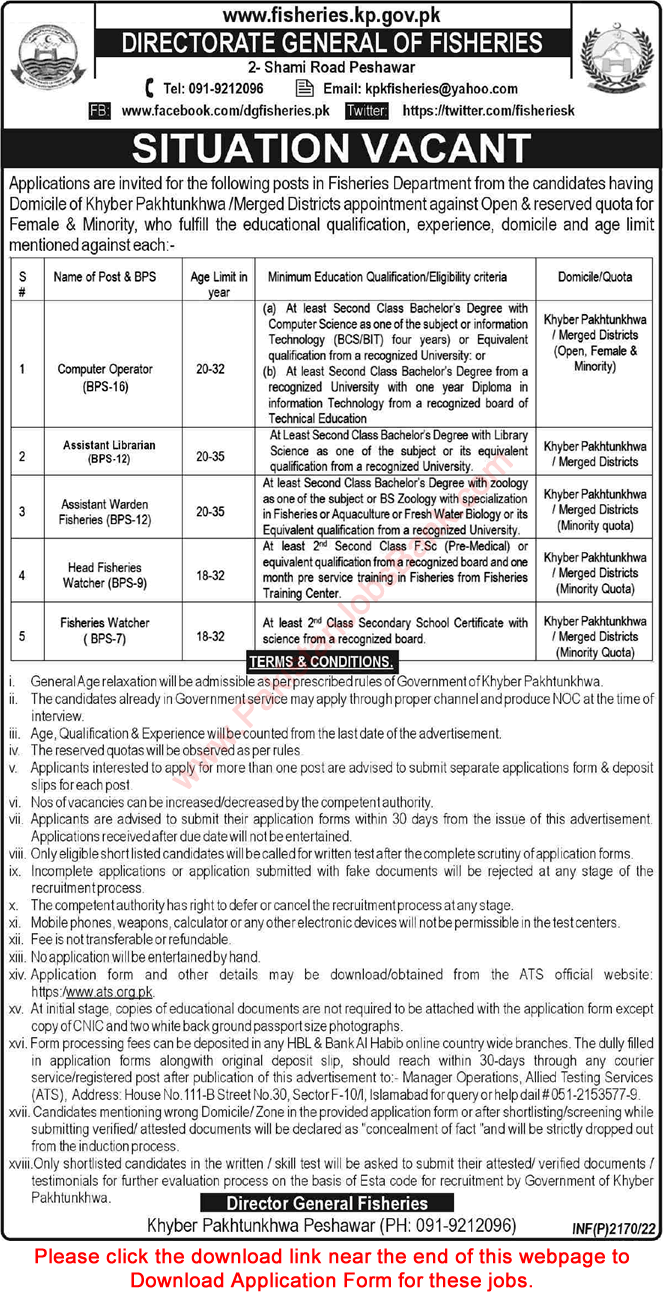 Fisheries Department KPK Jobs April 2022 ATS Application Form Computer Operator & Others Latest