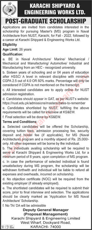 Karachi Shipyard and Engineering Works Postgraduate Scholarships 2022 April KSEW Latest