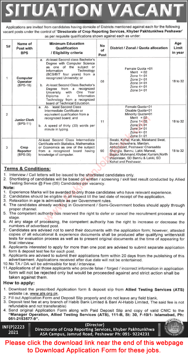 Directorate of Crop Reporting Services KPK Jobs April 2022 ATS Application Form Crop Reporters & Others Latest
