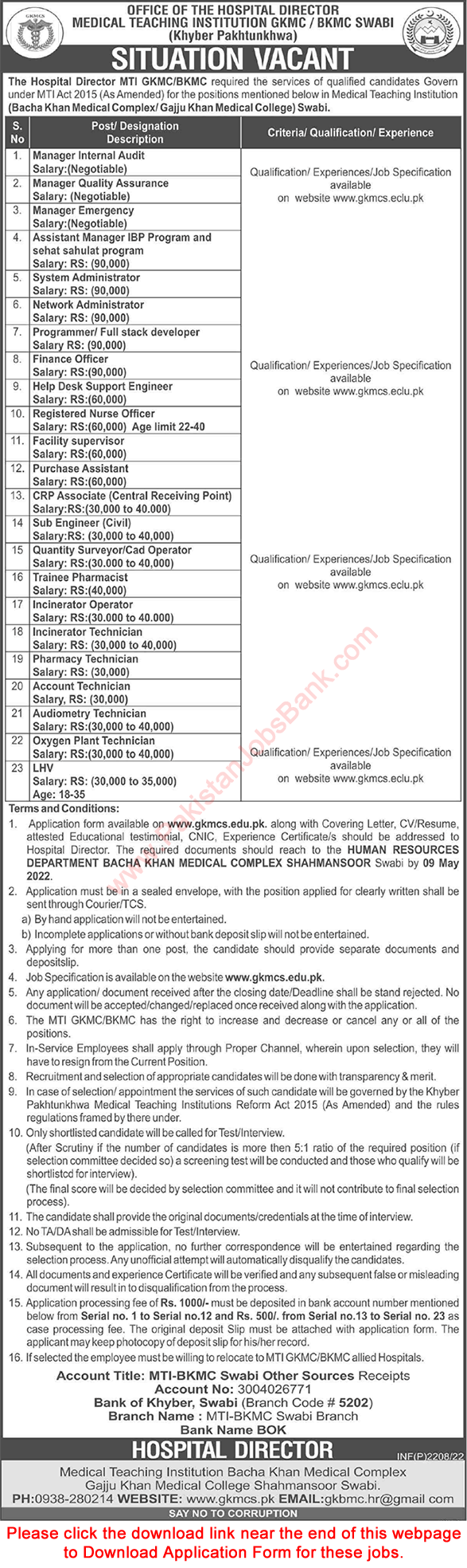 Bacha Khan Medical Complex Swabi Jobs April 2022 GKMC BKMC Application Form Assistant Managers & Others Latest