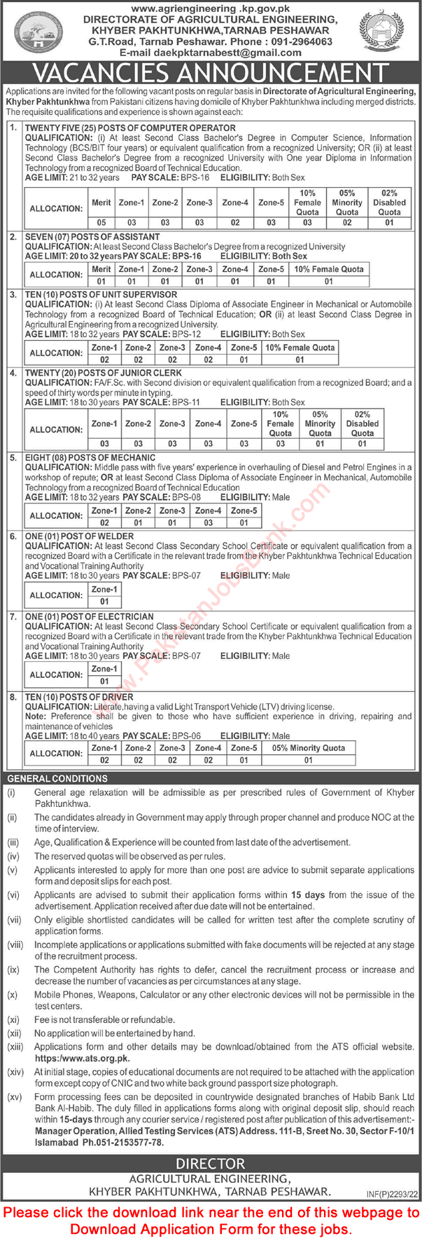 Directorate of Agricultural Engineering KPK Jobs April 2022 ATS Application Form Computer Operators & Others Latest