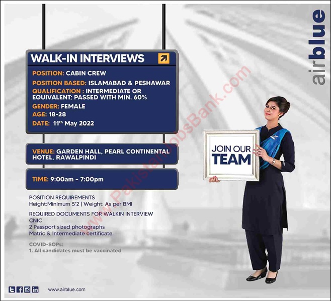 Airhostess Jobs in Air Blue May 2022 Female Cabin Crew Walk in Interviews Latest