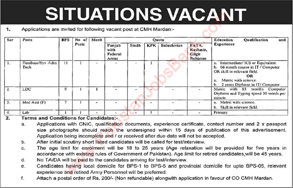 CMH Mardan Jobs 2022 May Clerk, Medical Assistant & Others Combined Military Hospital Latest