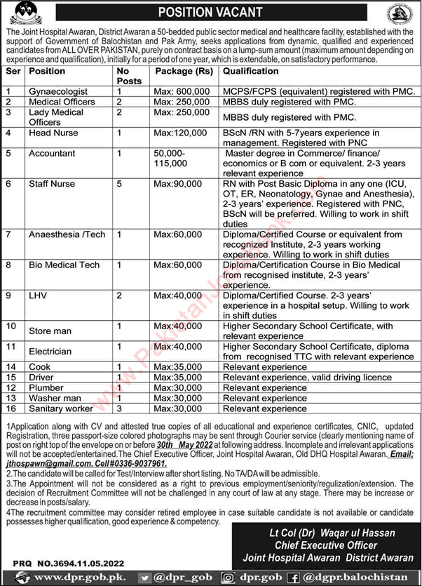 Joint Hospital Awaran Jobs 2022 May Staff Nurses, Medical Officers & Others Latest
