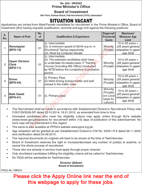 Prime Minister's Office Islamabad Jobs May 2022 Apply Online Board of Investment BOI Latest
