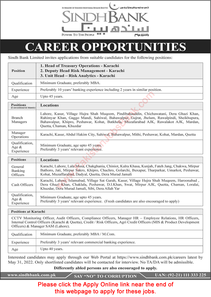 Sindh Bank Jobs May 2022 Apply Online General Banking Officers, Cash Officers & Others Latest