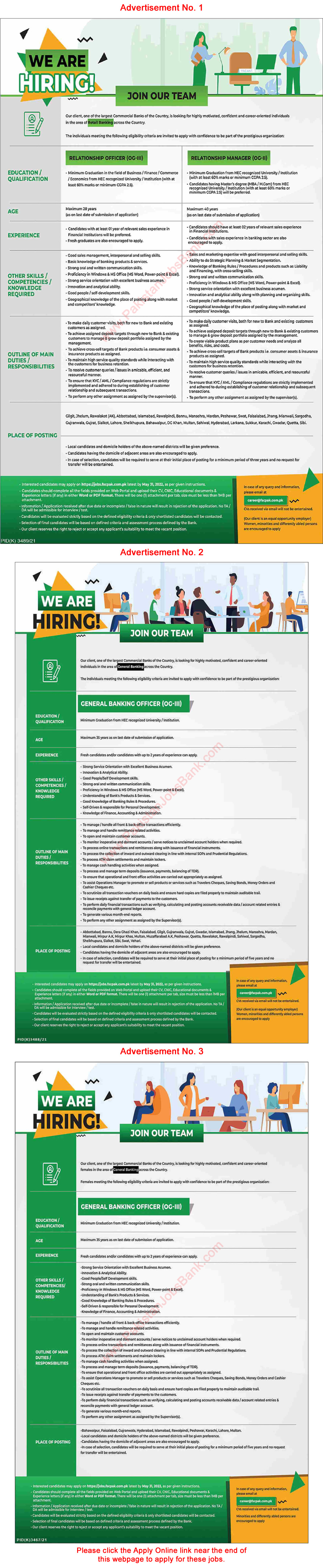 Banking Jobs in Pakistan May 2022 Apply Online Relationship Officers / Managers & General Banking Officers Latest