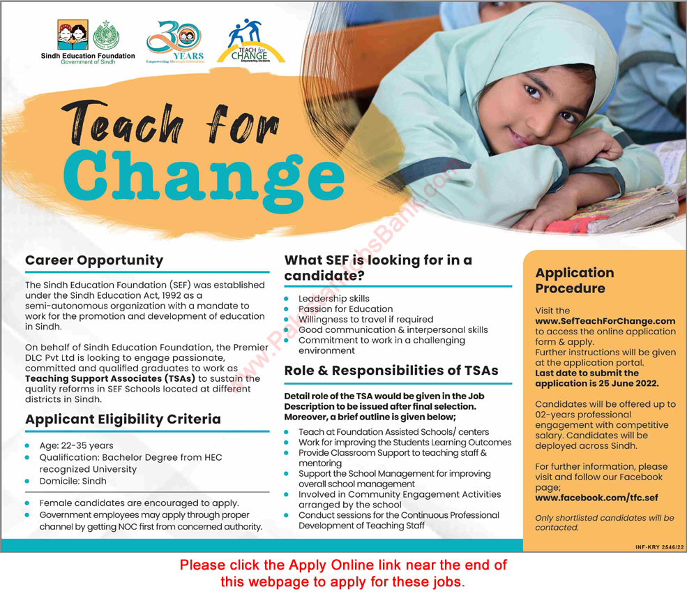 Sindh Education Foundation Jobs 2022 June SEF Apply Online Teaching Support Associates Latest