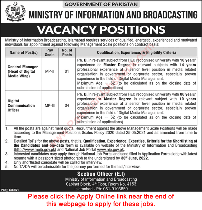 Ministry of Information and Broadcasting Islamabad Jobs 2022 June Apply Online Digital Communication Officers & Others Latest