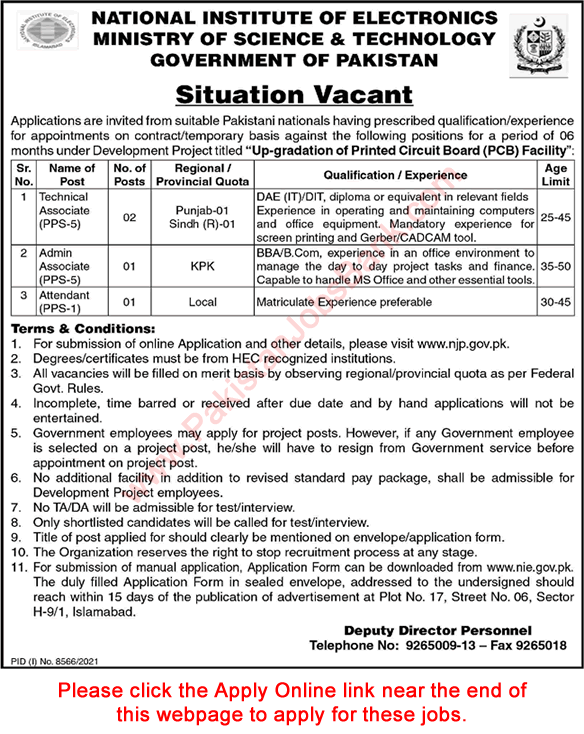 National Institute of Electronics Islamabad Jobs 2022 June Apply Online Technical Associates & Others Latest