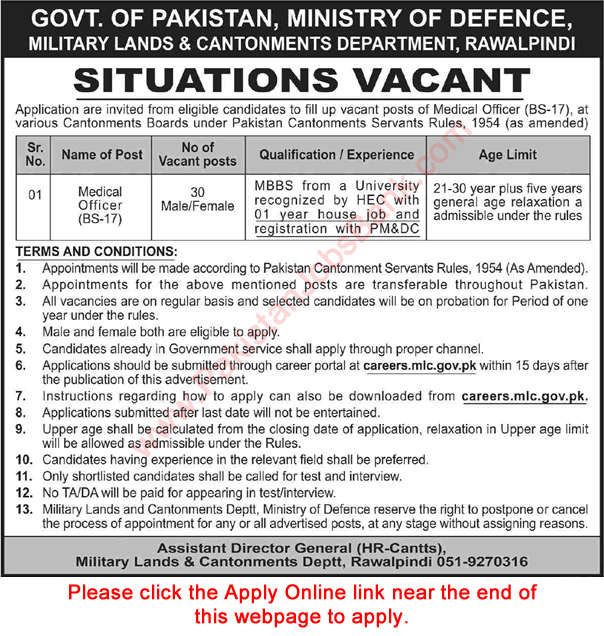 Medical Officers Jobs in Military Land and Cantonment Department Rawalpindi June 2022 Apply Online Latest