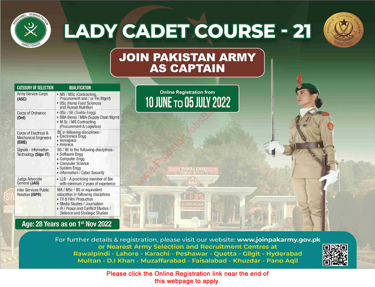 Join Pakistan Army as Captain through Lady Cadet Course June 2022 Online Registration Latest