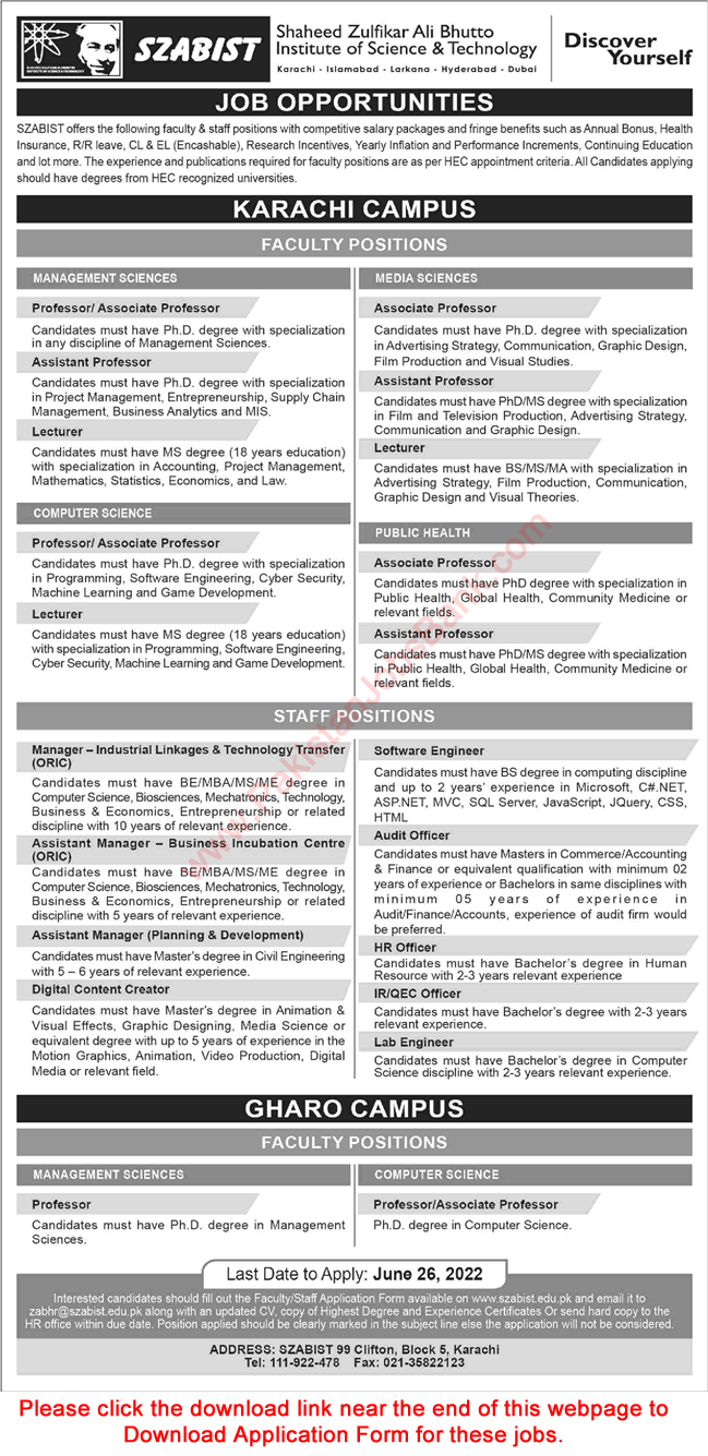 SZABIST Jobs 2022 June Application Form Teaching Faculty & Others Shaheed Zulfikar Ali Bhutto Institute of Science & Technology Latest