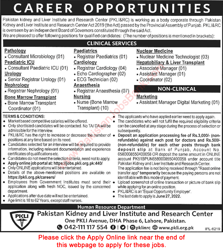 PKLI Lahore Jobs June 2022 PKLI&RC Online Apply Pakistan Kidney and Liver Institute and Research Center Latest