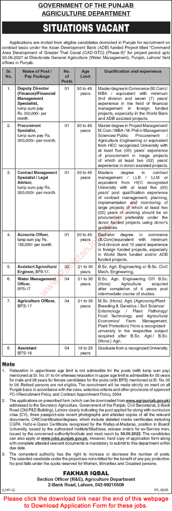 Agriculture Department Punjab Jobs June 2022 Application Form Water Management Officers & Others Latest