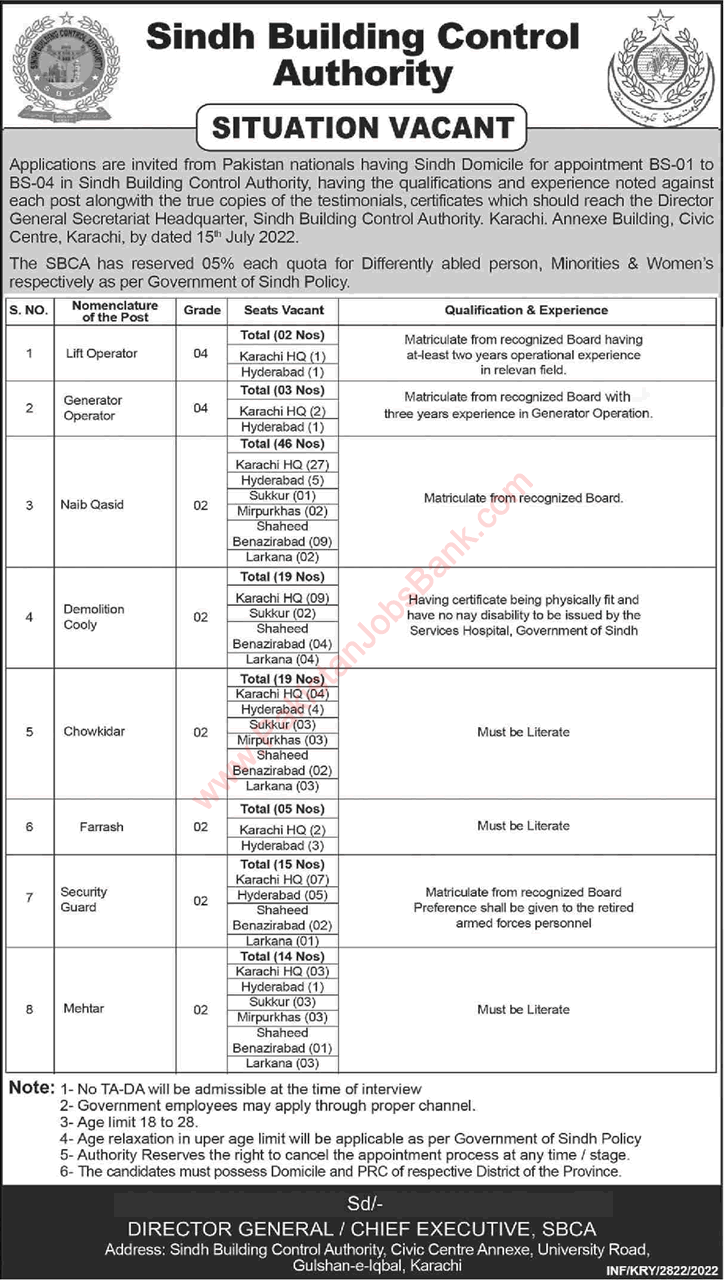 Sindh Building Control Authority Jobs 2022 June SBCA Naib Qasid & Others Latest
