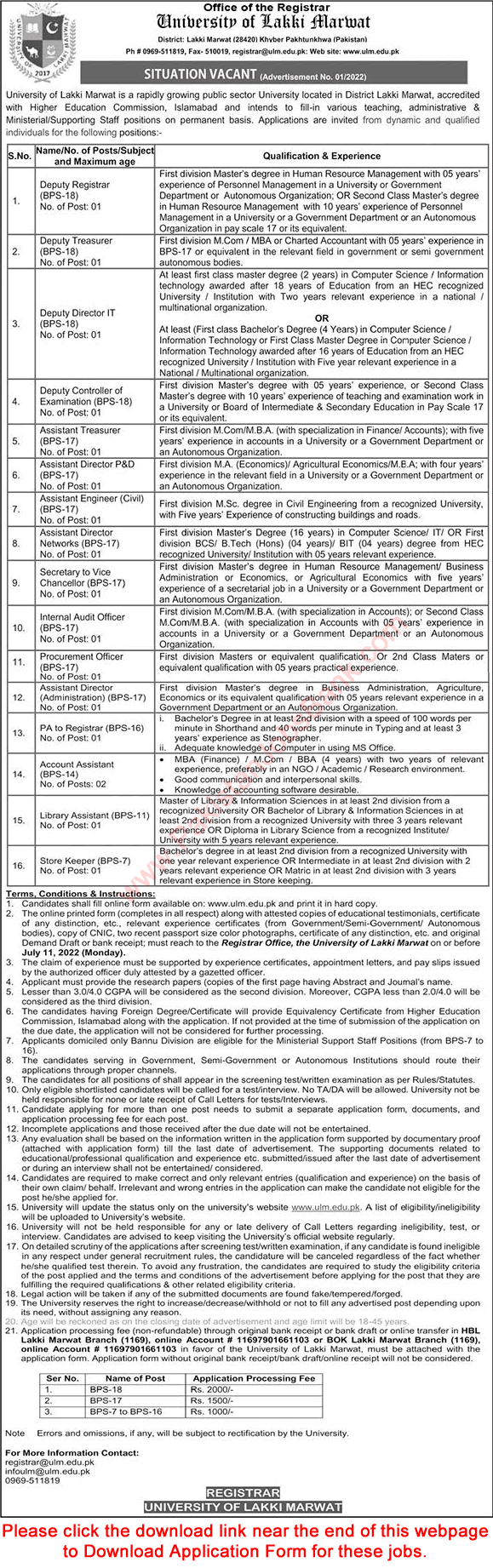 University of Lakki Marwat Jobs 2022 June Application Form Accounts Assistants & Others Latest