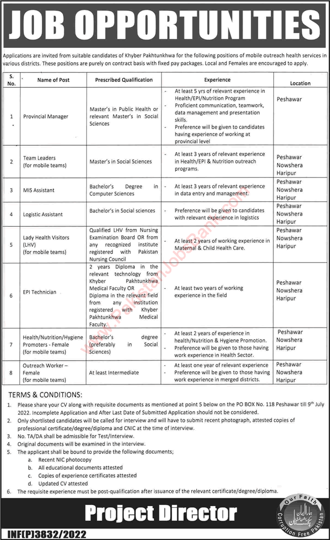 PO Box 118 Peshawar Jobs 2022 June Lady Health Visitors, Team Leaders & Others Latest