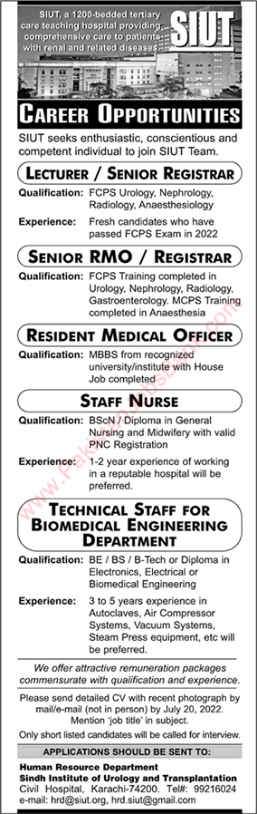 SIUT Hospital Karachi Jobs June 2022 Resident Medical Officers & Others Sindh Institute of Urology and Transplant Latest