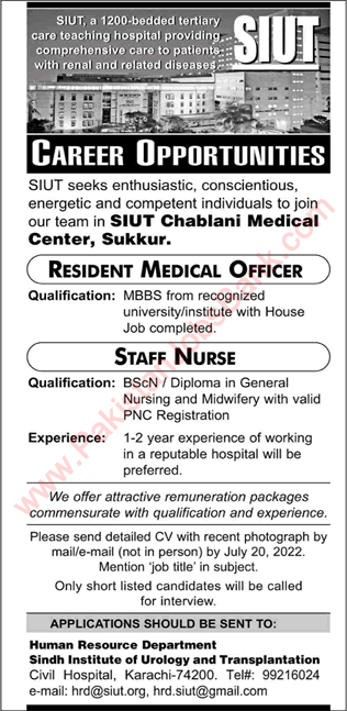 SIUT Hospital Sukkur Jobs June 2022 July Chablani Medical Center Staff Nurse & Resident Medical Officer Latest