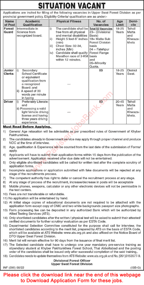 Forest Department Swat Jobs June 2022 July ATS Application Form Forest Guards & Others Latest