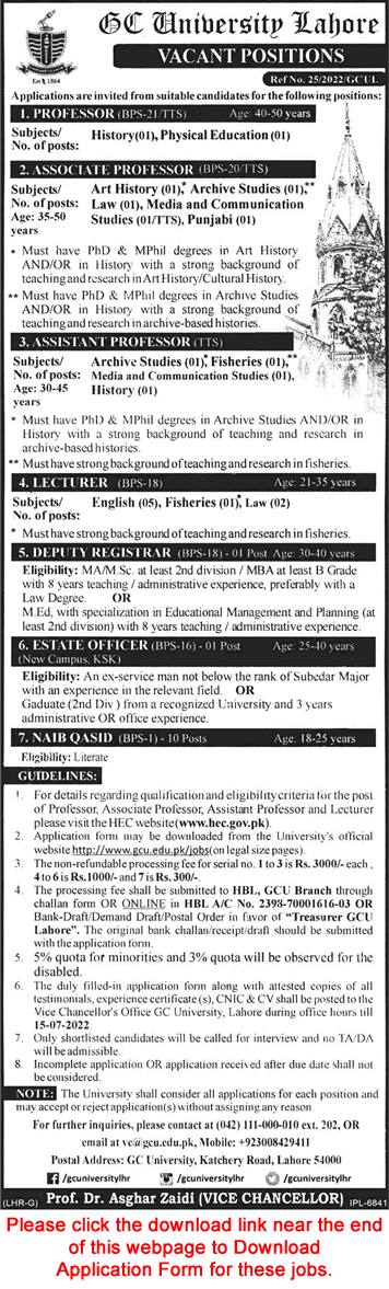 GC University Lahore Jobs June 2022 July GCU Application Form Government College University Latest
